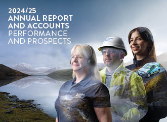  Annual Report front cove with title, three Scottish Water employees against a reservoir and mountain background
