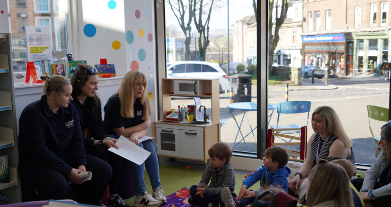 Scottish Water workers chat to Kilmacolm Nursery children at Kilmacolm Library 
