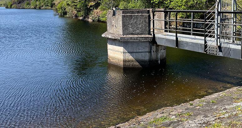 reservoir edge  with water tower showing low water line with water tower