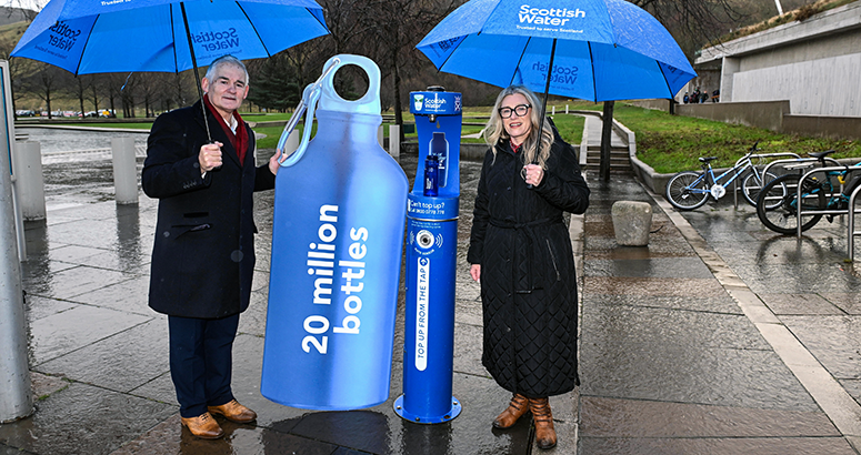  Cabinet Secretary Gillian Martin and Scottish Water COO Peter Farrer at Holyrood top up tap to celebrate saving 20m plastic bottles in the environment