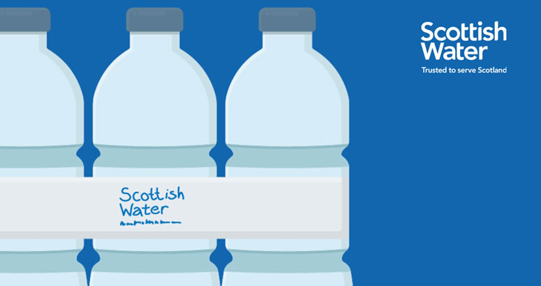 illustration 3 bottles of water on a blue background with the Scottish Water logo